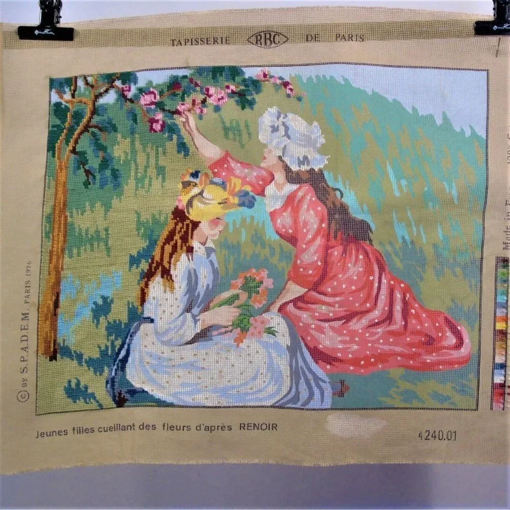 Vintage 1976 Needlework Canvas SPADEM Paris Girls Picking Flowers After Renoir